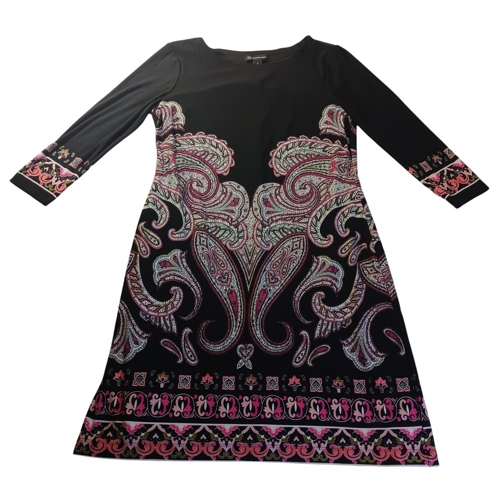 INC International Concepts Paisley Print Shift Dress Womens Size 8 Black Pink
